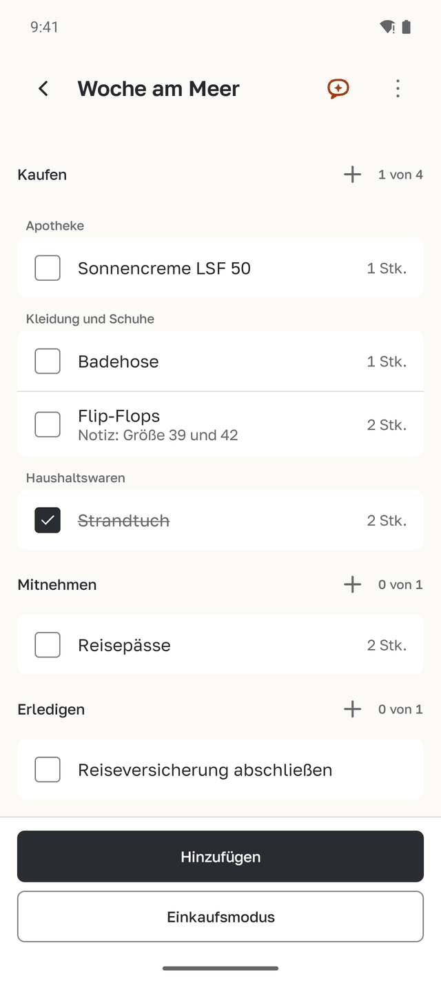 Die Liste für die Woche am Meer mit den Bereichen Kaufen, Mitnehmen und Erledigen; ein Einkauf ist abgehakt.