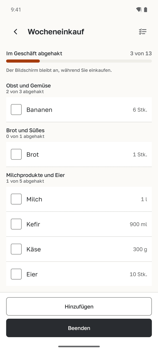 Einkaufsmodus für den Wocheneinkauf: Einträge nach Gängen, 3 von 13 abgehakt.