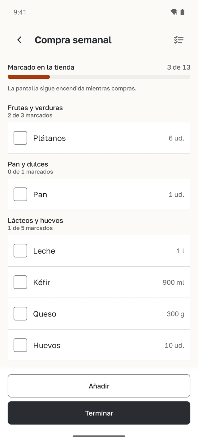 Modo tienda de la compra semanal: artículos por pasillos, 3 de 13 marcados.
