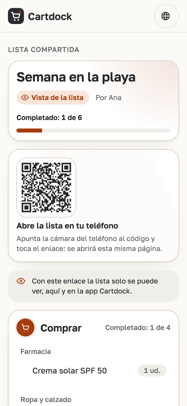 La página de la lista en el navegador: la lista de una semana en la playa, un aviso de que solo se puede ver y los artículos por secciones.