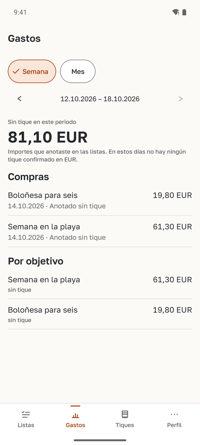 Pantalla de gastos: el total de la semana sin tique y la sección por objetivos con la semana en la playa y la boloñesa para seis.