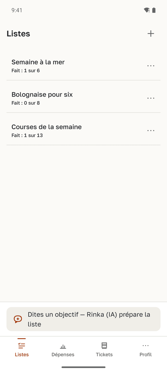 L’écran des listes avec trois listes : une semaine à la mer, bolognaise pour six et les courses de la semaine.