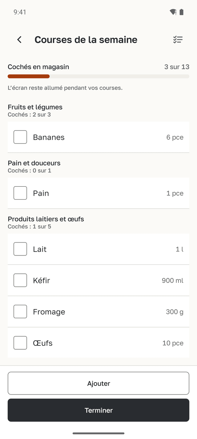 Le mode magasin pour les courses de la semaine : articles par rayon, 3 sur 13 cochés.