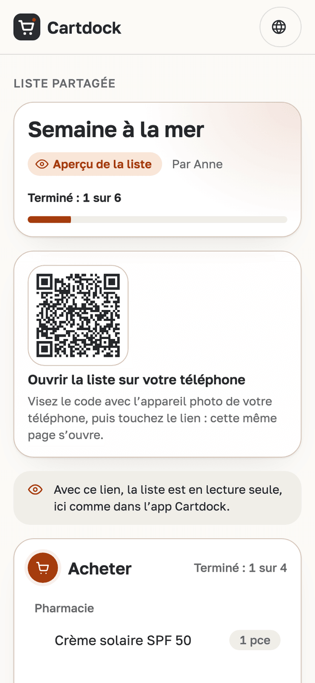 La page de la liste dans le navigateur : la liste d’une semaine à la mer, la mention qu’elle est en lecture seule et les articles par rubrique.