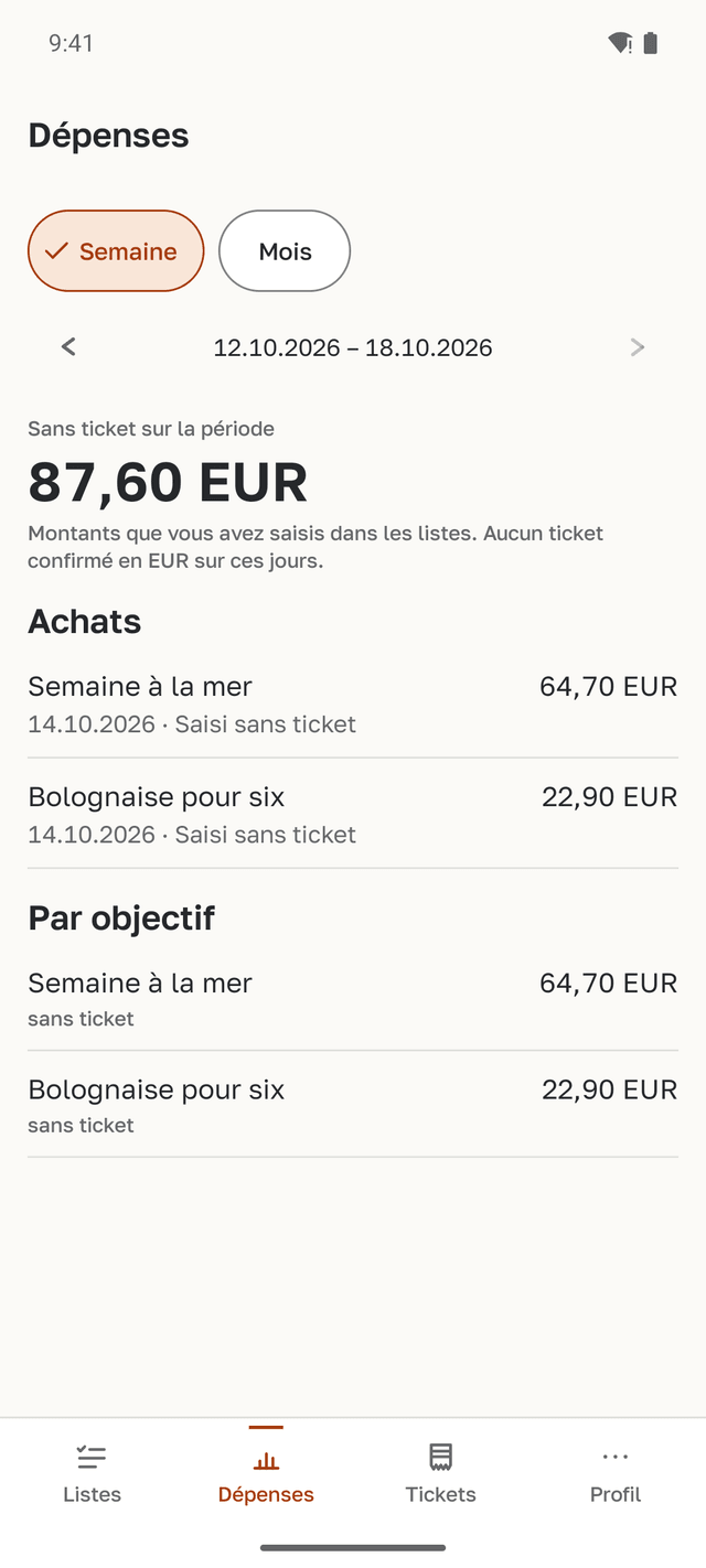 L’écran des dépenses : le total de la semaine sans ticket et la rubrique par objectif avec la semaine à la mer et la bolognaise pour six.