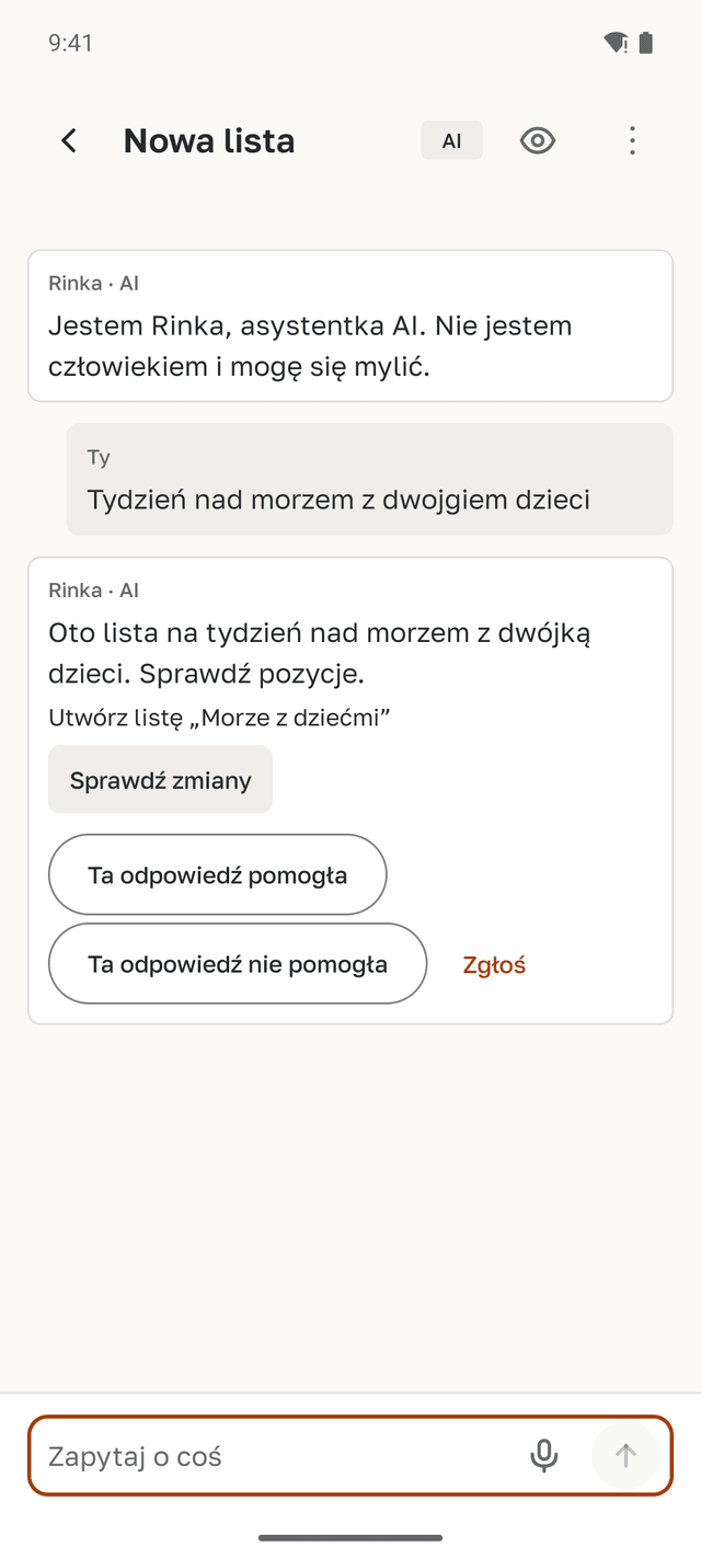 Czat z Rinką: pierwsza wiadomość brzmi „Jestem Rinka, asystentka AI”, a na „Wakacje nad morzem z dwojgiem dzieci” Rinka proponuje utworzyć listę „Morze z dziećmi” i pokazuje przycisk „Sprawdź zmiany”.