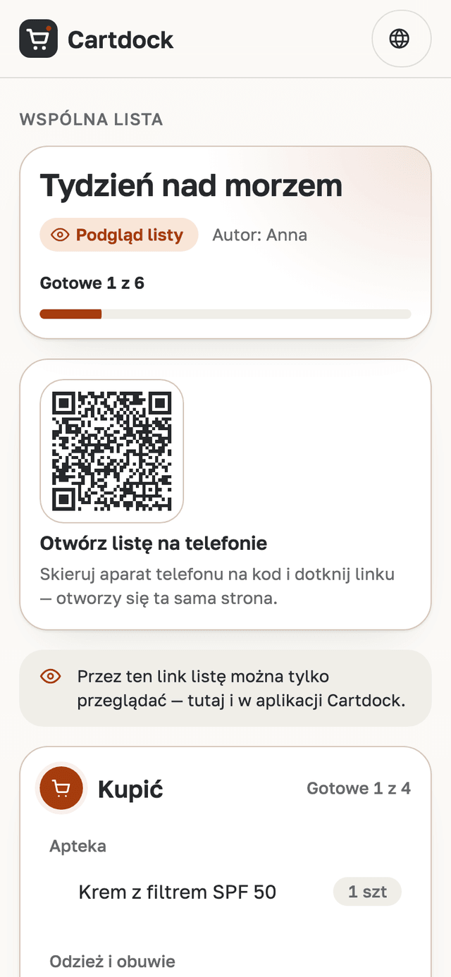 Strona listy w przeglądarce: lista „Tydzień nad morzem”, informacja, że można ją tylko przeglądać, i pozycje według sekcji.