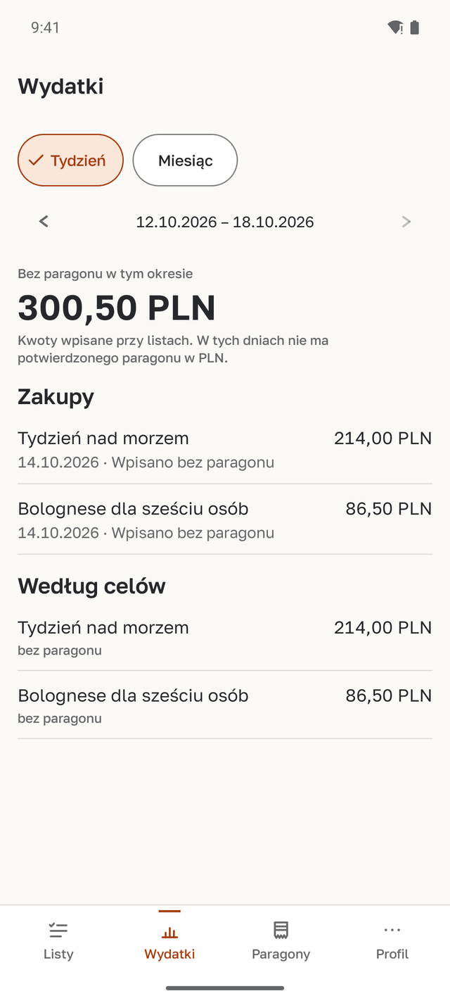 Ekran „Wydatki”: suma z tygodnia bez paragonu i sekcja „Według celów” z listami „Tydzień nad morzem” i „Bolognese dla sześciu osób”.
